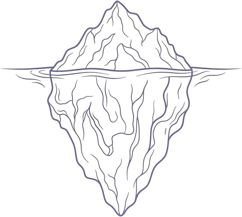 Line drawing of an iceberg: a small tip above the waterline over a much larger mass below, illustrating the 10% of AI most businesses use versus the 90% that stays hidden.